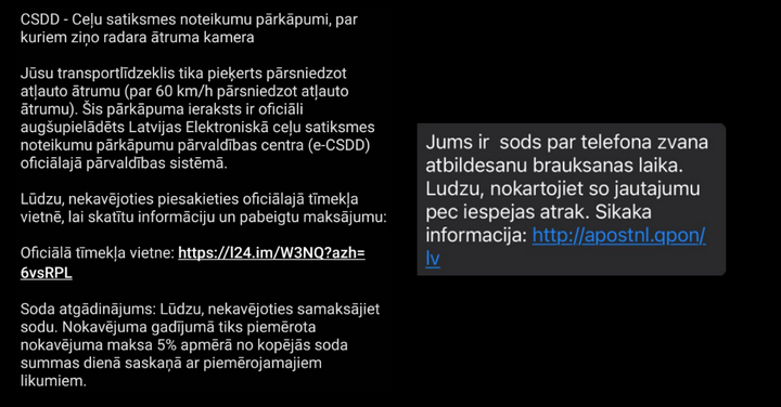 Attēlā redzami viltus CSDD paziņojumi par it kā nesamaksātiem ceļu satiksmes sodiem un jauna variācija – un par telefona lietošanu pie stūres braukšanas laikā