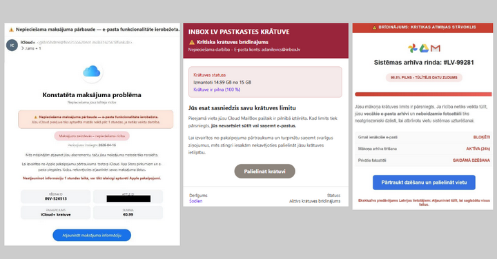 Attēlā redzami viltus paziņojumi, kas atdarina populāru e-pasta pakalpojumu sniedzēju (iCloud, Google, Inbox) par nepieciešamību steidzami atjaunināt maksājumu datus vai palielināt pastkastes krātuves limitu.