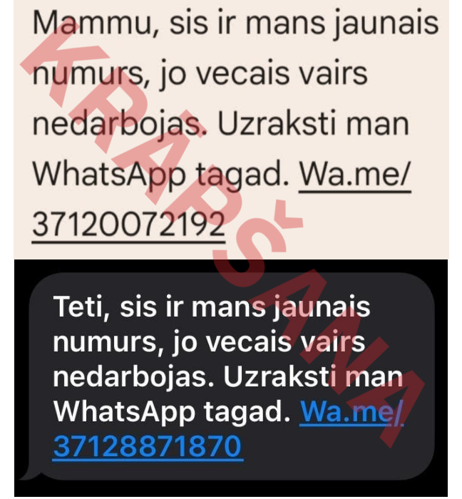Attēls ar piemēriem par krāpniecisku SMS par it kā jaunu WhatsApp numuru