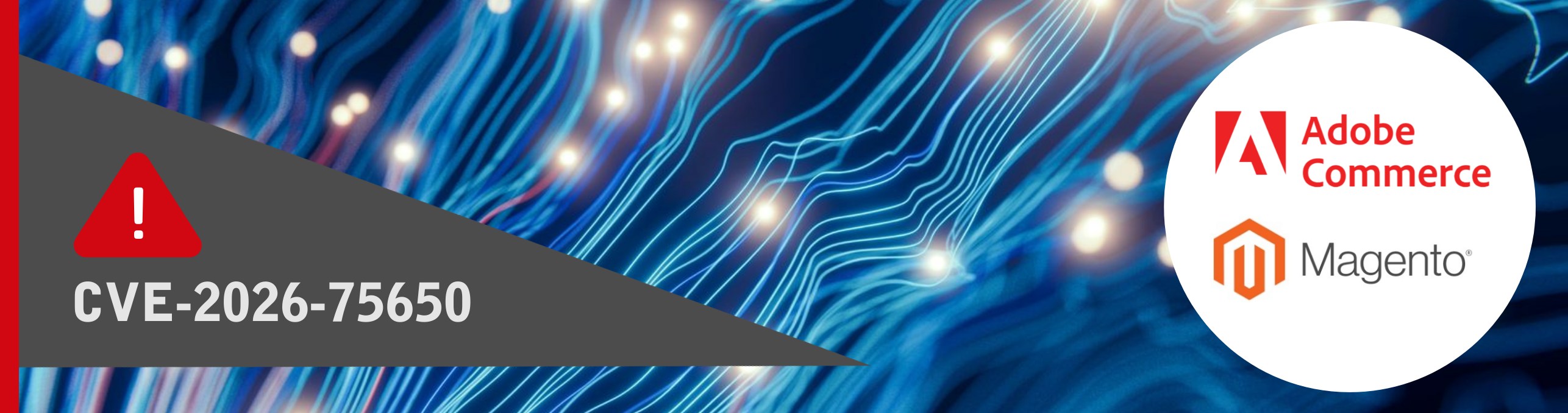 Attēlā norādīts ievainojamības CVE kods un Adobe Commerce un Magento logo